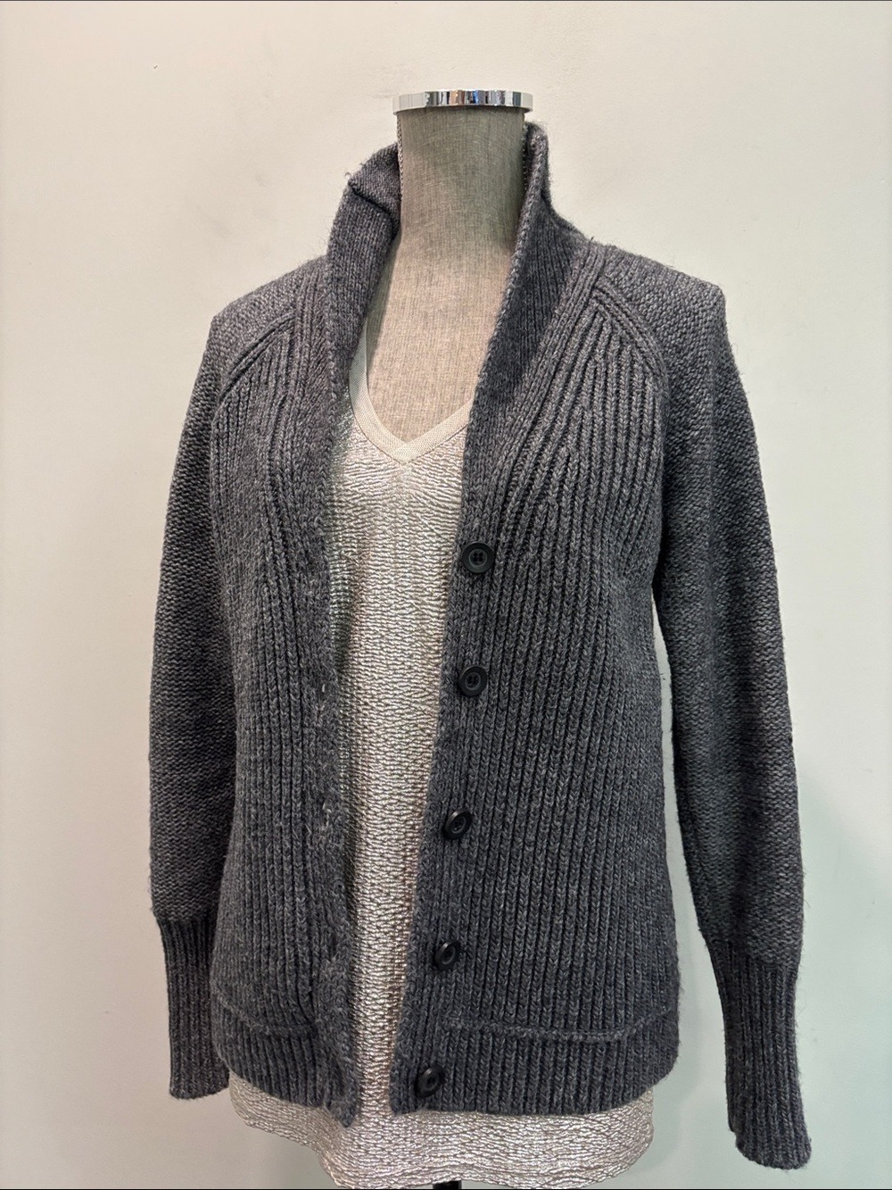 J.Crew Grey Wool Mohair Chunky Shawl Collar Cardigan Sweater Size L - Picture 4 of 15